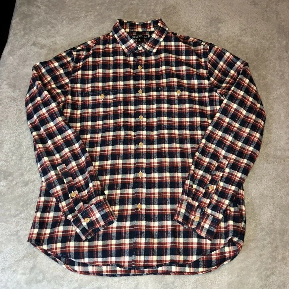 J.CREW Mercantile Mens Navy Blue Cream Plaid Flannel Long Sleeve Shirt